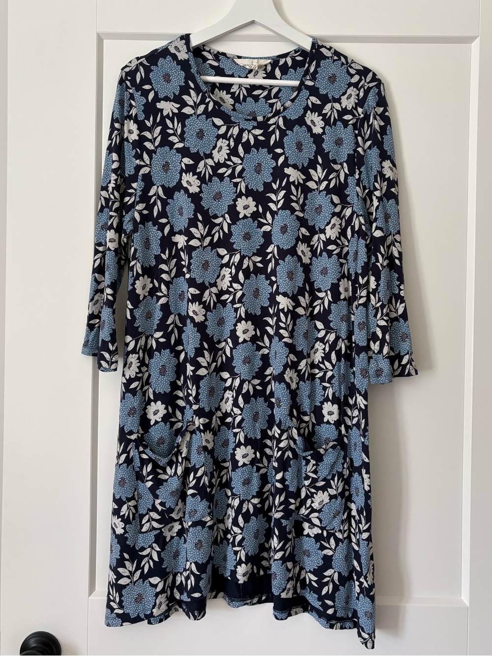 Navy Floral Long-Sleeve A-Line Dress with Blue Blooms